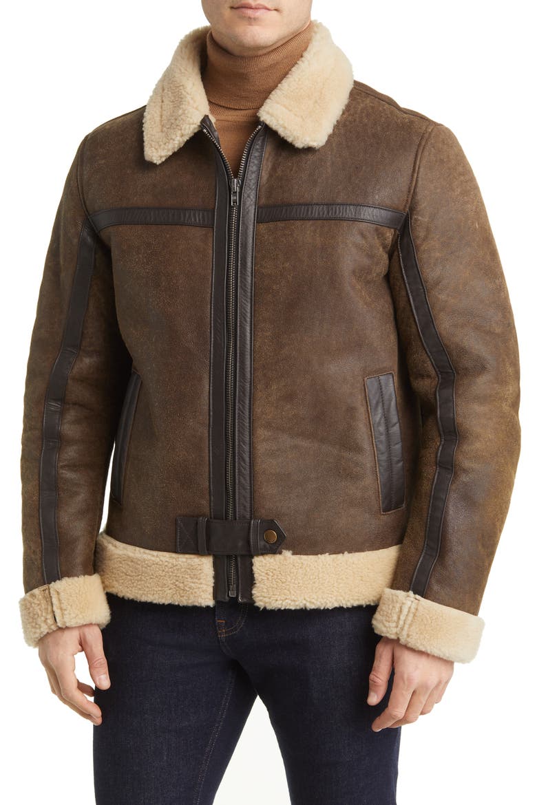 Leather Jacket with Genuine Shearling Trim, Alternate, color, DARK BROWN