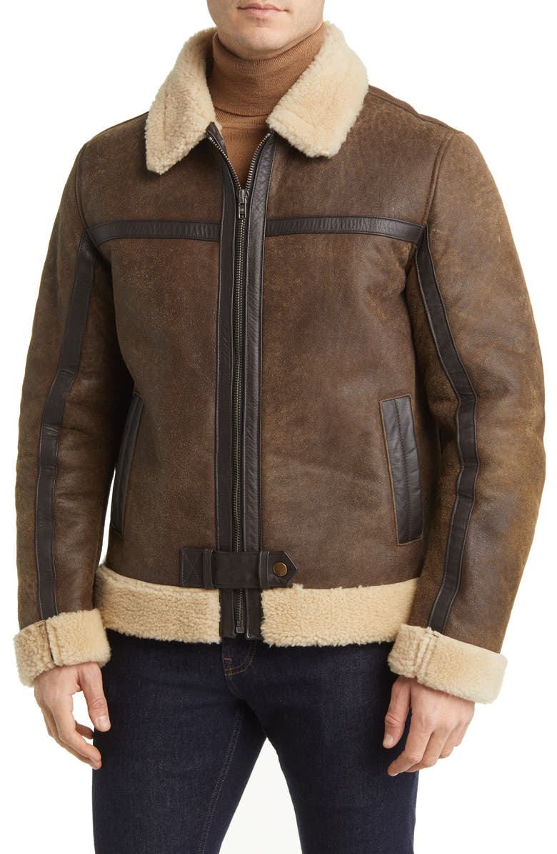 Frye Leather Jacket with Genuine Shearling Trim, Alternate, color, Dark Brown