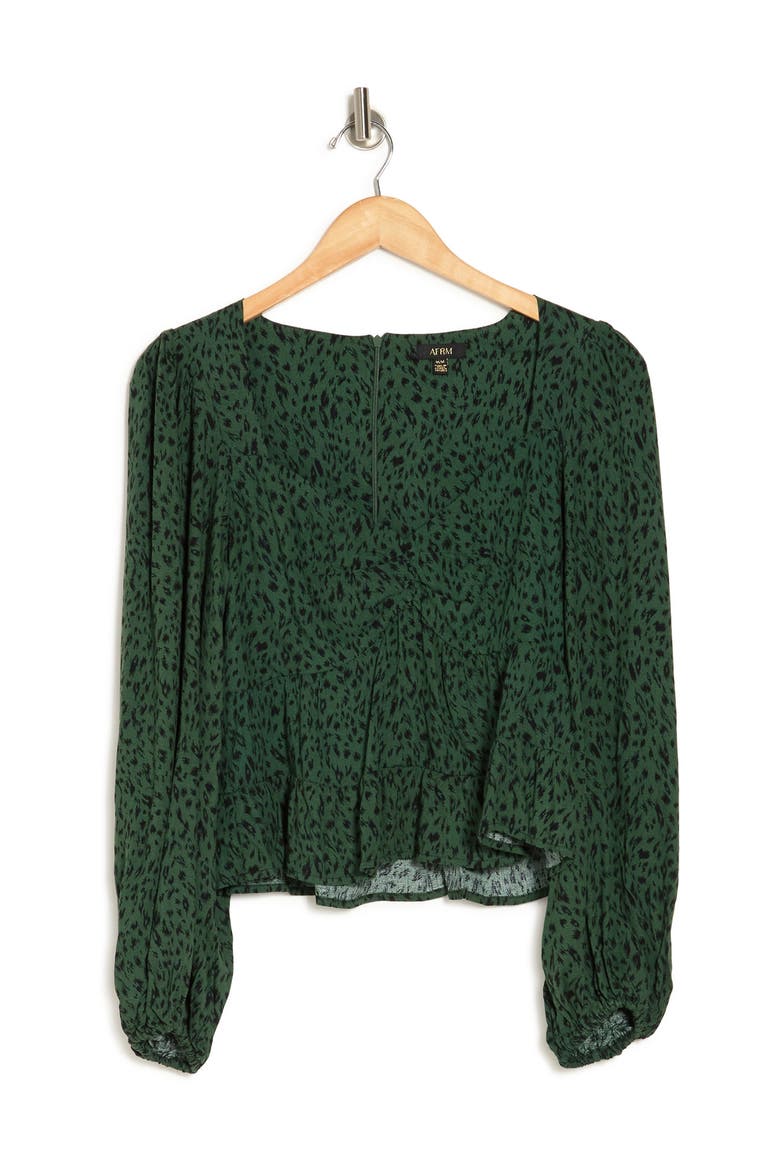 Soni Ruched Balloon Sleeve Crop Top, Alternate, color, GREEN ANIMAL