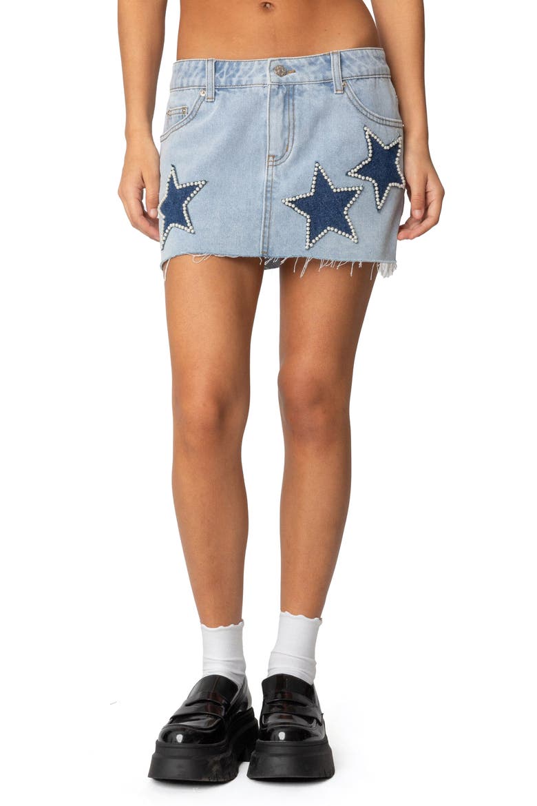 Shining Star Embellished Denim Miniskirt, Main, color, LIGHT-BLUE