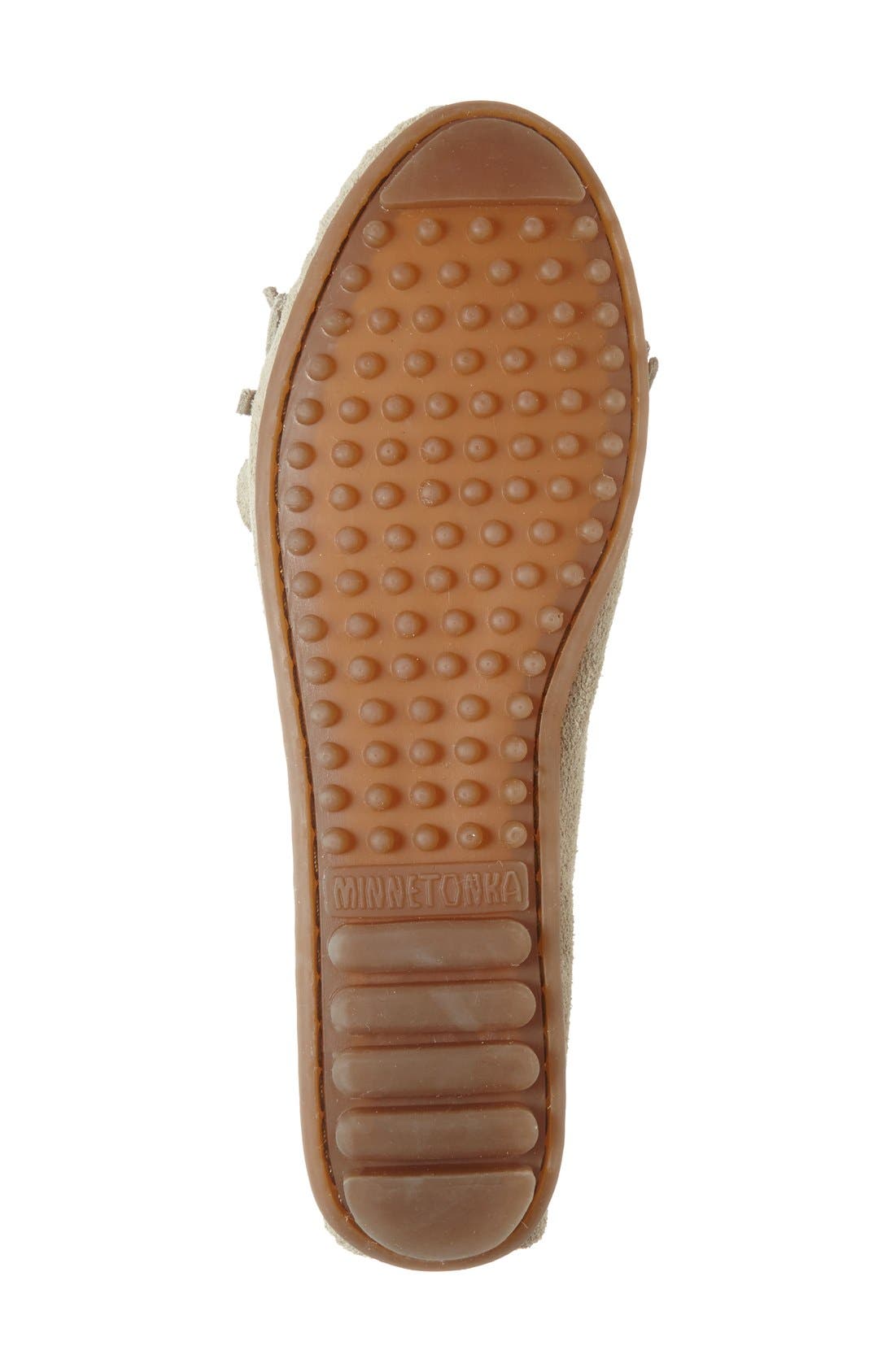 Minnetonka Kilty Suede Driving Shoe, Alternate, color, Stone Suede