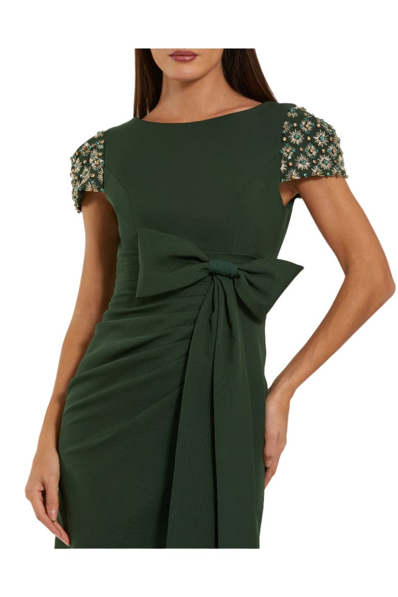 Women's Beaded Cap Sleeve Crepe Gown With Bow and Slit, Alternate, color, Forest Green