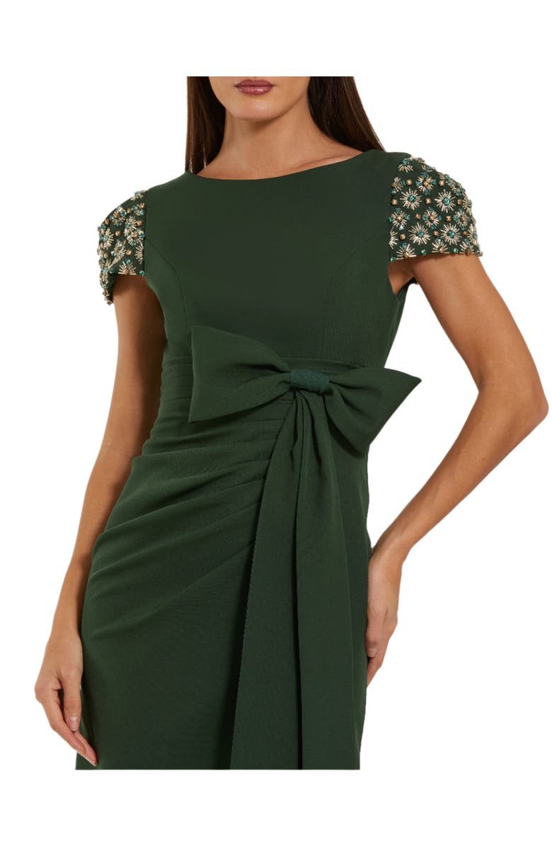 Mac Duggal Women's Beaded Cap Sleeve Crepe Gown With Bow and Slit, Alternate, color, Forest Green