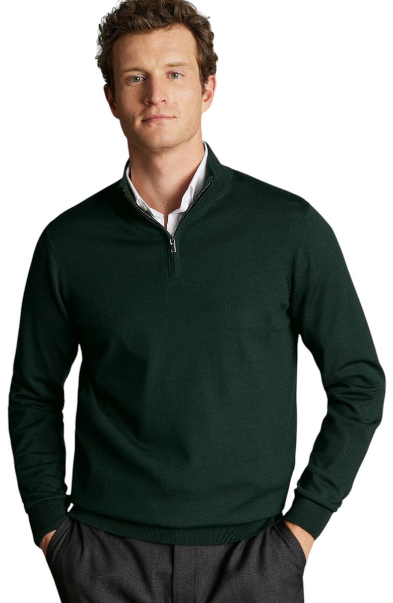 Charles Tyrwhitt Pure Merino Zip Neck Sweater, Main, color, Forest Green