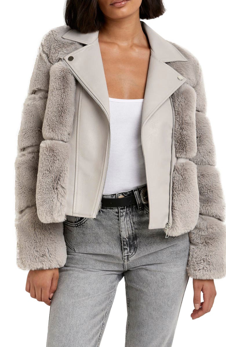 River Island Faux Fur & Faux Leather Moto Jacket, Main, color, 