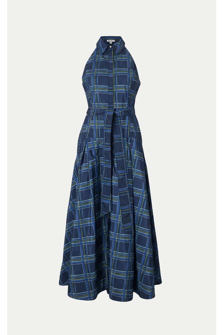 Check Taffeta Belted Maxi Shirt Dress, Alternate, color, Navy