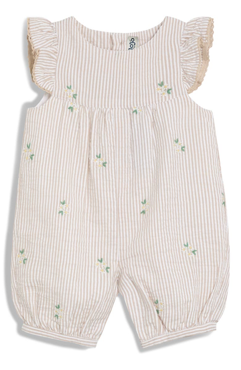 JOJO MAMAN BEBE Daisy Embroidery Cotton Seersucker Romper, Main, color, Natural