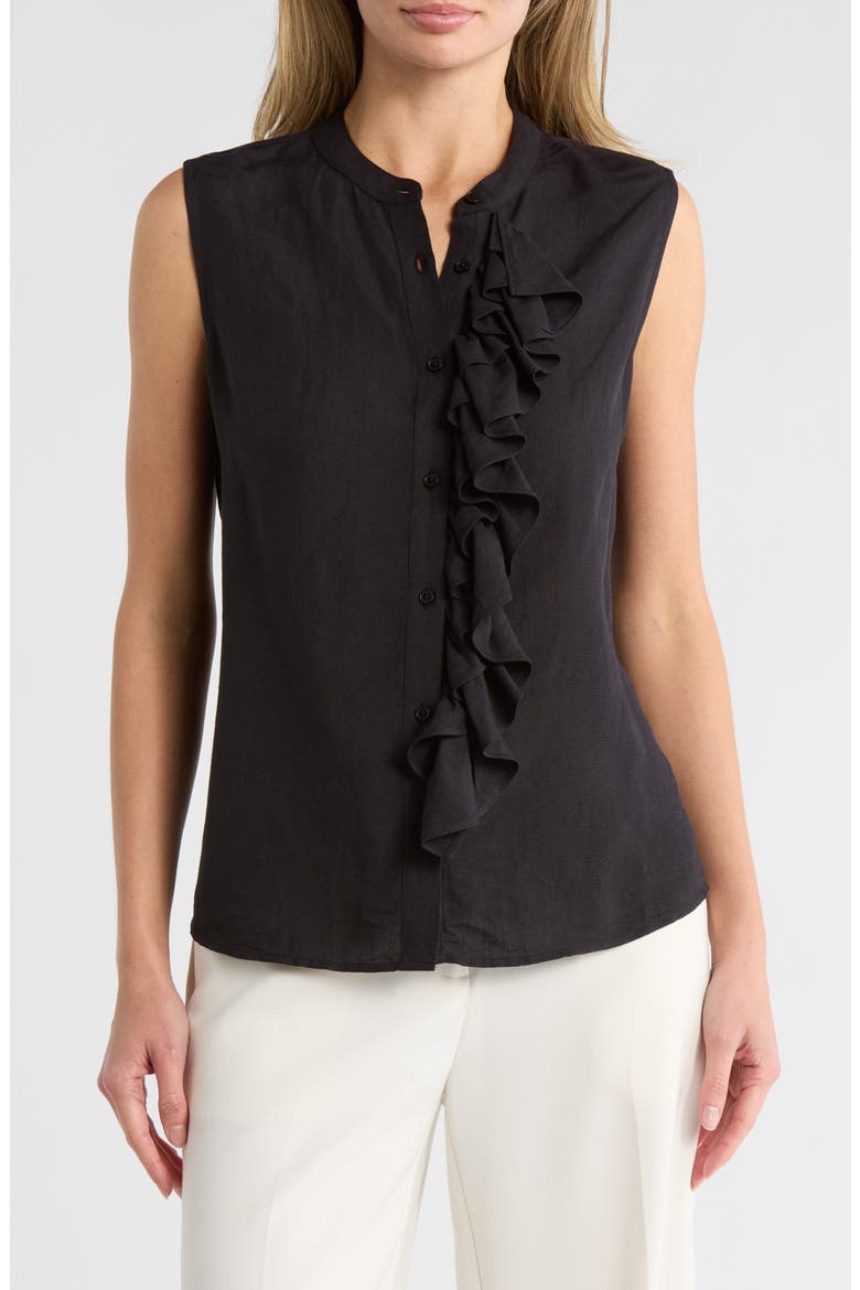 Ruffle Sleeve Linen Top, Main, color, BLACK