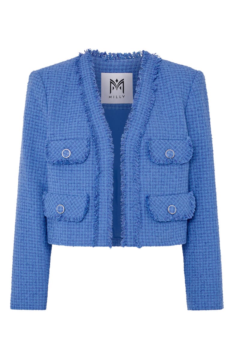 Milly Serena Fringe Detail Cotton Blend Tweed Jacket, Alternate, color, 5B6 Blue