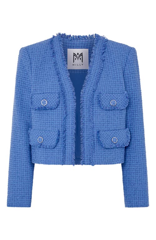 Milly Serena Fringe Detail Cotton Blend Tweed Jacket In Blue