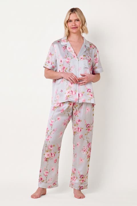 Floral Short-Sleeved Silk Pajama Set