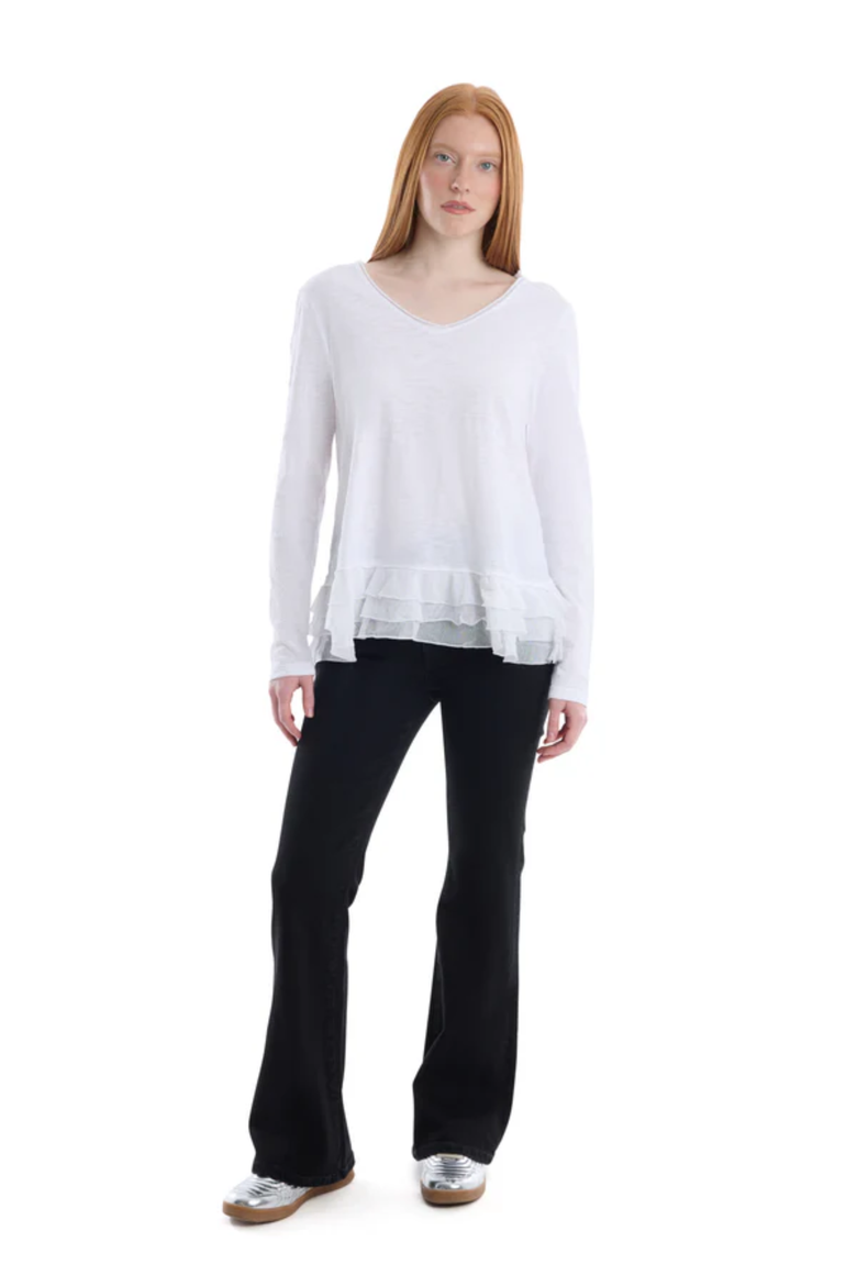 V-Neck Mixed Media Long Sleeve Tee With Ruffle Hem, Alternate, color, White