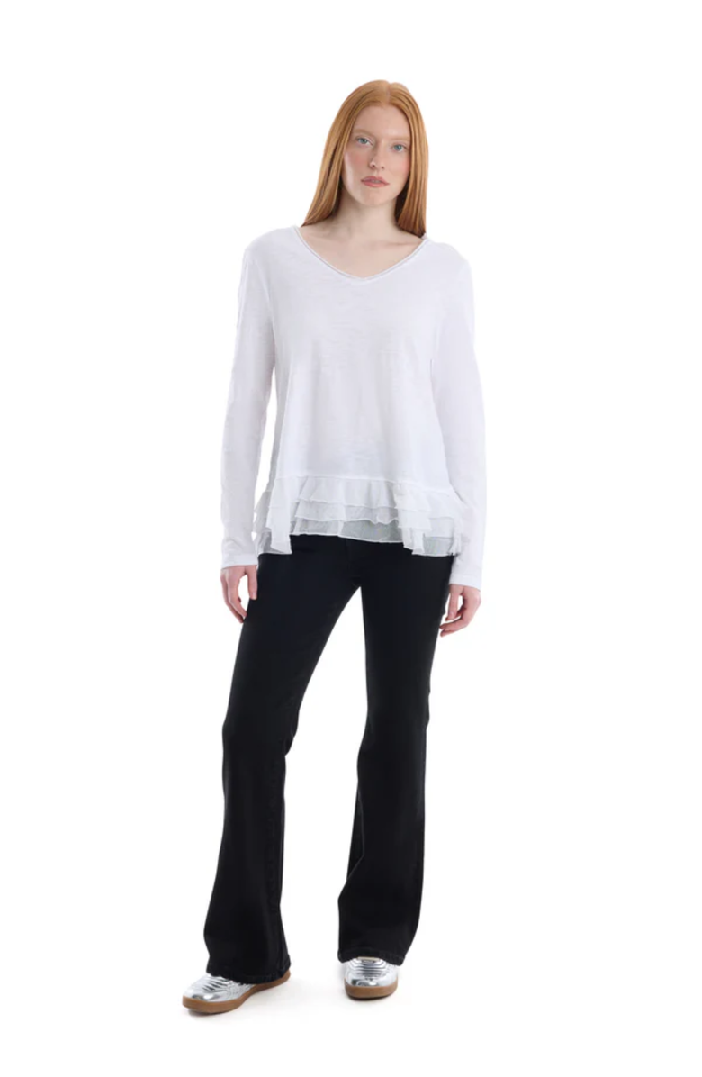 WILT Clothing V-Neck Mixed Media Long Sleeve Tee With Ruffle Hem, Alternate, color, White