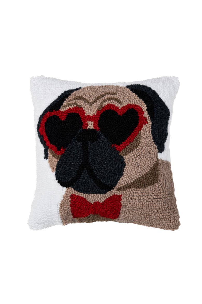 "Pugs & Kisses" Dog Puppy Mini Hooked Valentine's Day Accent Pillow 12" x 12", Main, color, White