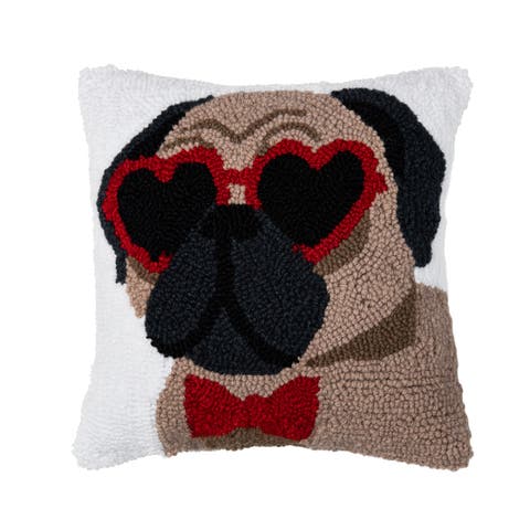 "Pugs & Kisses" Dog Puppy Mini Hooked Valentine's Day Accent Pillow 12" x 12"