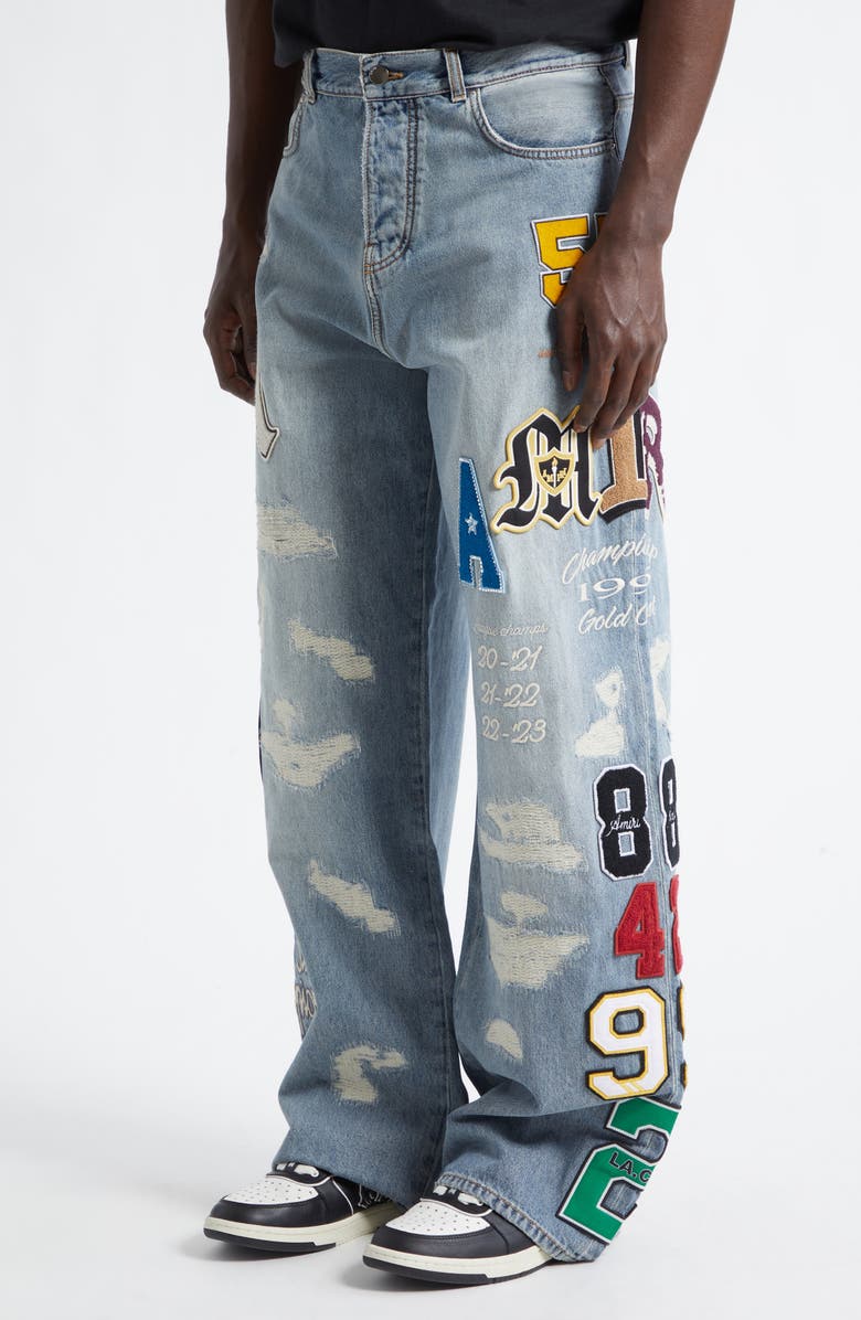 AMIRI Varsity Patch Distressed Jeans, Alternate, color, Antique Indigo