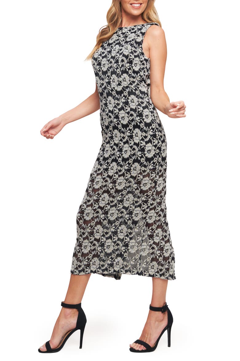 Floral Sleeveless Stretch Lace Midi Dress, Alternate, color, BLACK/ TAUPE