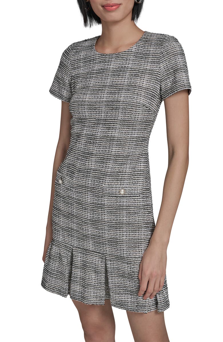 KARL LAGERFELD Pleated Metallic Tweed Minidress, Main, color, Black Soft White