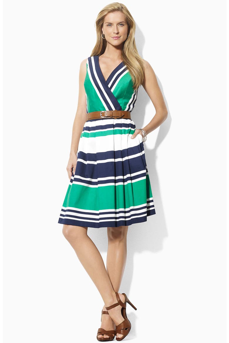 Belted Surplice Cotton Dress, Main, color, NAVY/ GREEN/ GREEN BUD