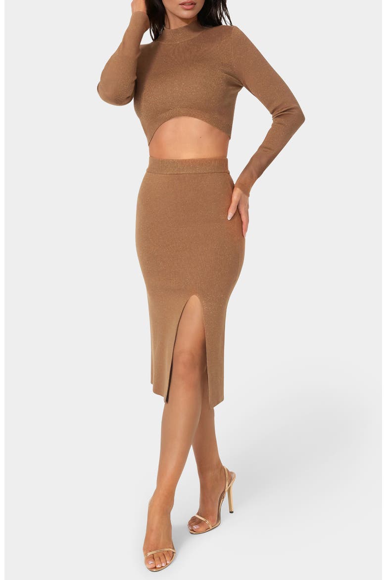 Lurex Rib Knit Long Sleeve Top & Skirt Set, Main, color, CARAMEL