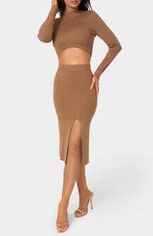 bebe Lurex Rib Knit Long Sleeve Top & Skirt Set