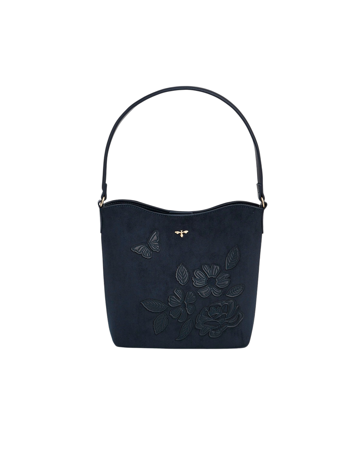 Margot Floral Applique Faux Suede Bucket Purse, Main, color, Navy