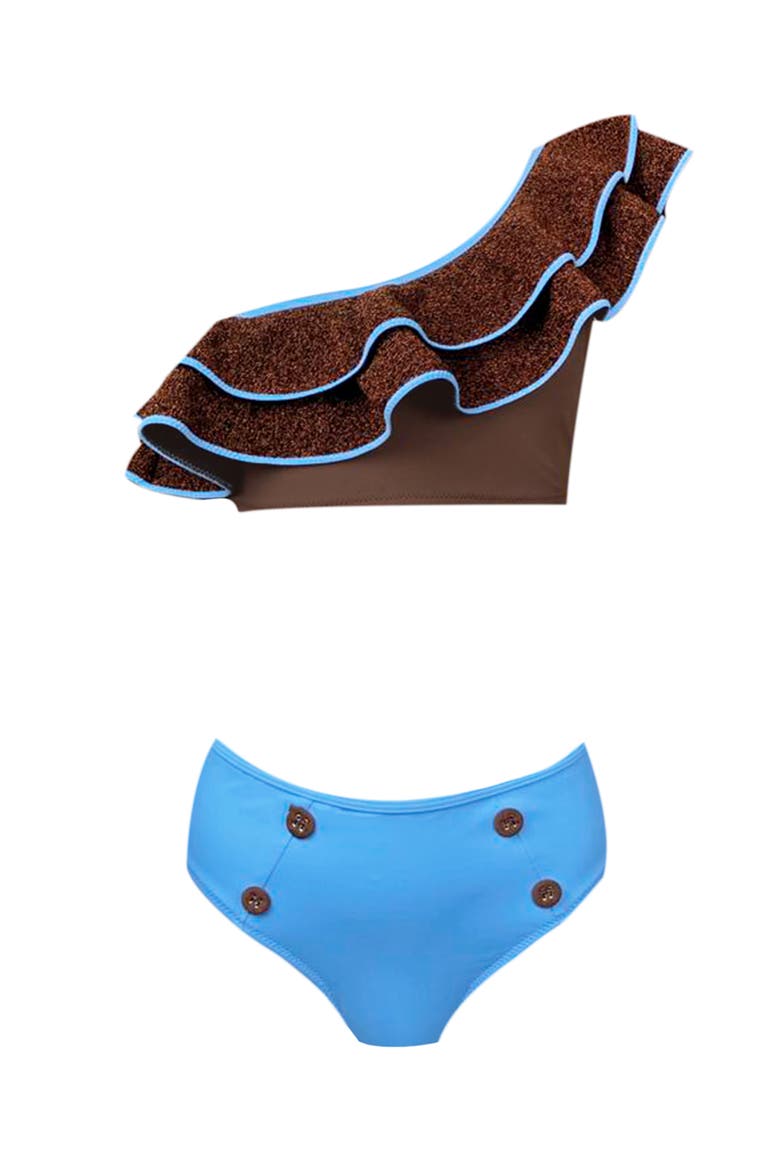 One Shoulder Multi-Layered Glitter Ruffle Two Piece Bikini, Little Kid-Big Kid, Main, color, Brown-Blue