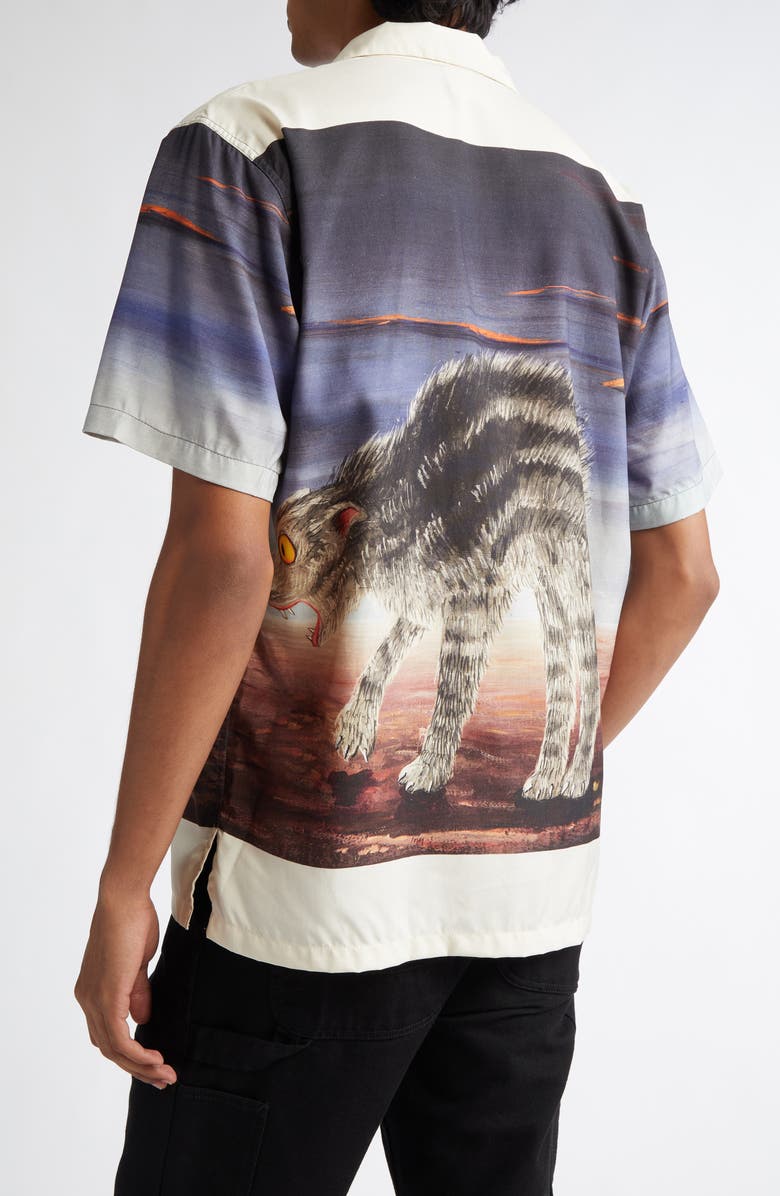 ENDLESS JOY Cat Border Silk Crepe Button-Up Shirt, Alternate, color, 