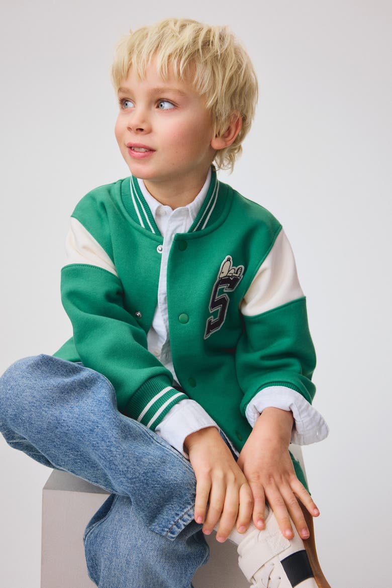 Sweatshirt Baseball Jacket, Alternate, color, Green/Snoopy