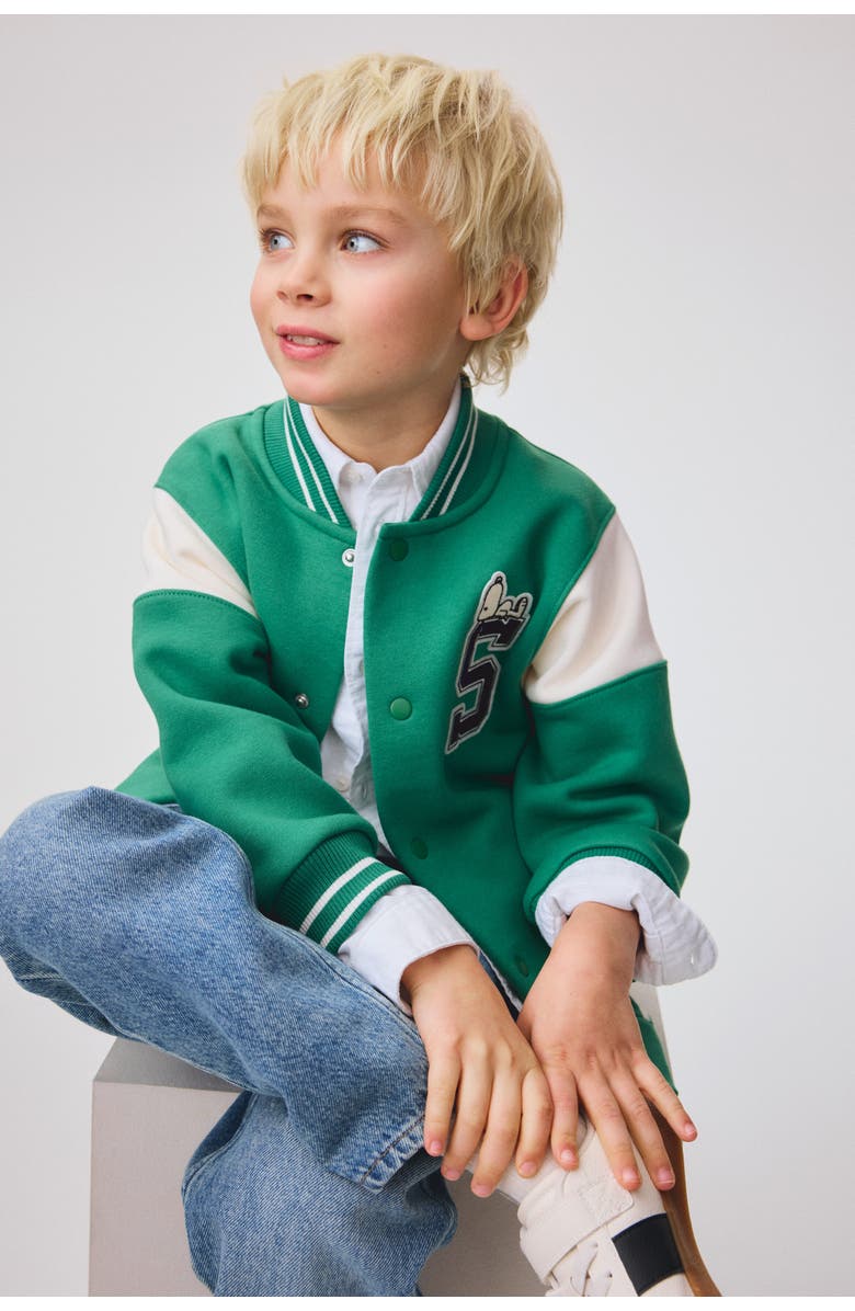 H&M Sweatshirt Baseball Jacket, Alternate, color, Green/Snoopy