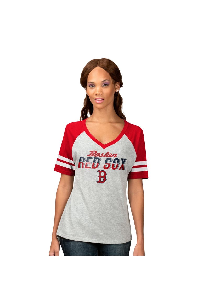 Women's G-III 4Her by Carl Banks Heather Gray Boston Red Sox Goal Line Raglan V-Neck T-Shirt, Main, color, Heather Gray