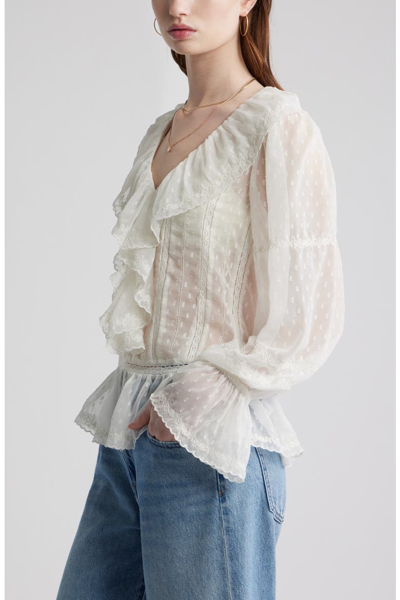 Embroidered Ruffle Peplum Clip Dot Chiffon Top, Alternate, color, IVORY EGRET