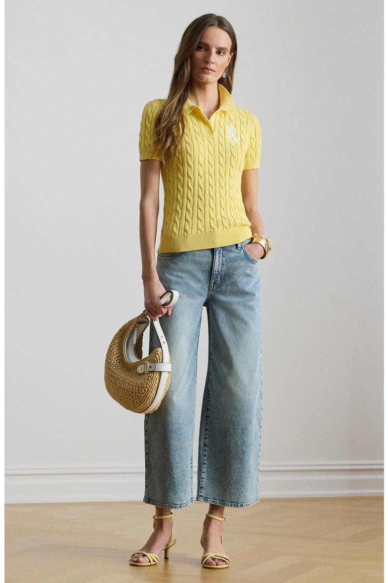 Natrissa Cable Stitch Cotton Polo Sweater, Alternate, color, LEMON SORBET YELLOW