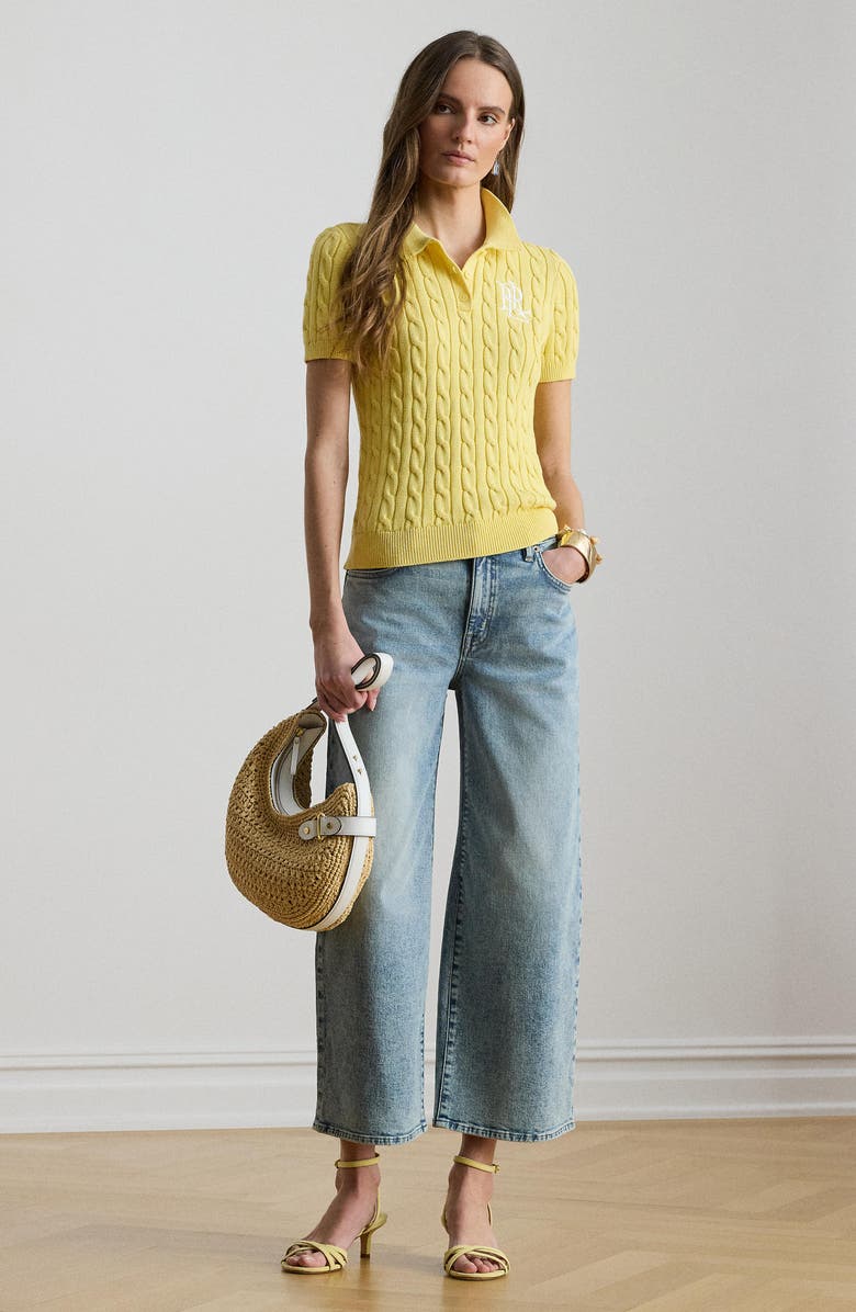 Lauren Ralph Lauren Natrissa Cable Stitch Cotton Polo Sweater, Alternate, color, Lemon Sorbet Yellow