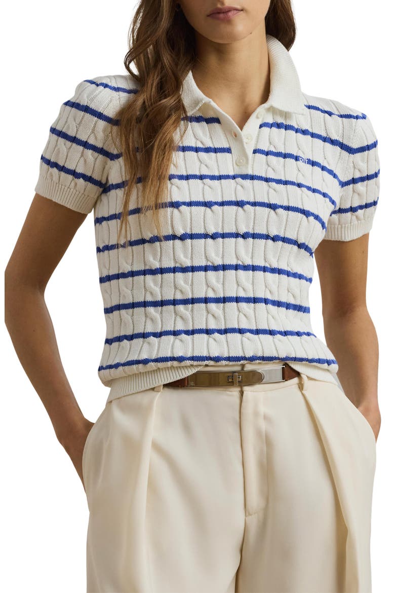 Striped Cable Knit Cotton Polo Sweater, Main, color, WHITE/ BLUE LAPIS