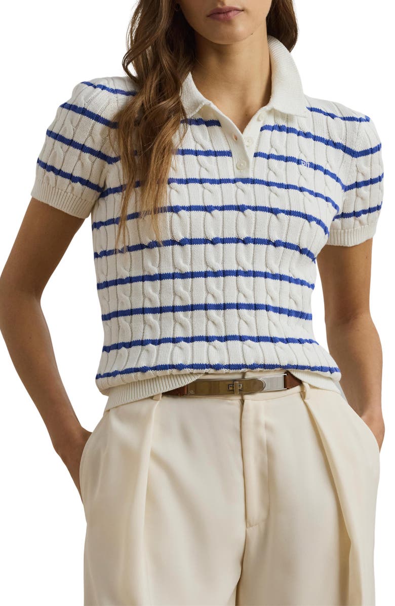 Lauren Ralph Lauren Striped Cable Knit Cotton Polo Sweater, Main, color, 