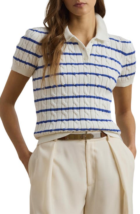 Striped Cable Knit Cotton Polo Sweater