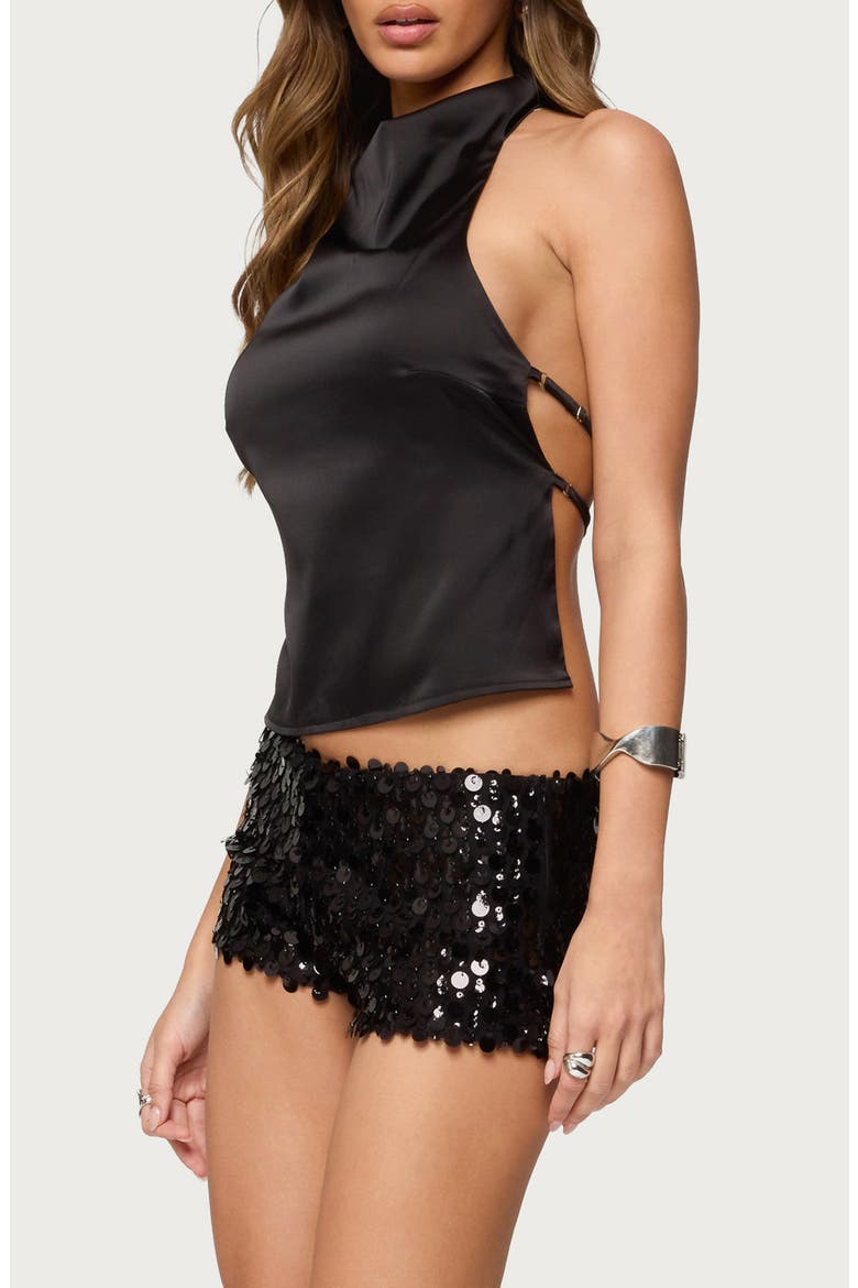 Cowl Neck Backless Satin Crop Top, Alternate, color, BLACK