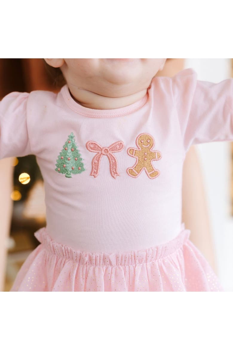 Gingerbread Embroidered Christmas Long Sleeve Tutu Bodysuit, Alternate, color, Pink