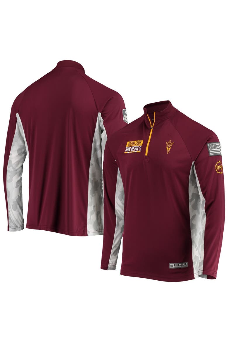 Men's Colosseum Maroon Arizona State Sun Devils OHT Military Appreciation Snow Cruise Raglan 1/4-Zip Jacket, Main, color, Maroon