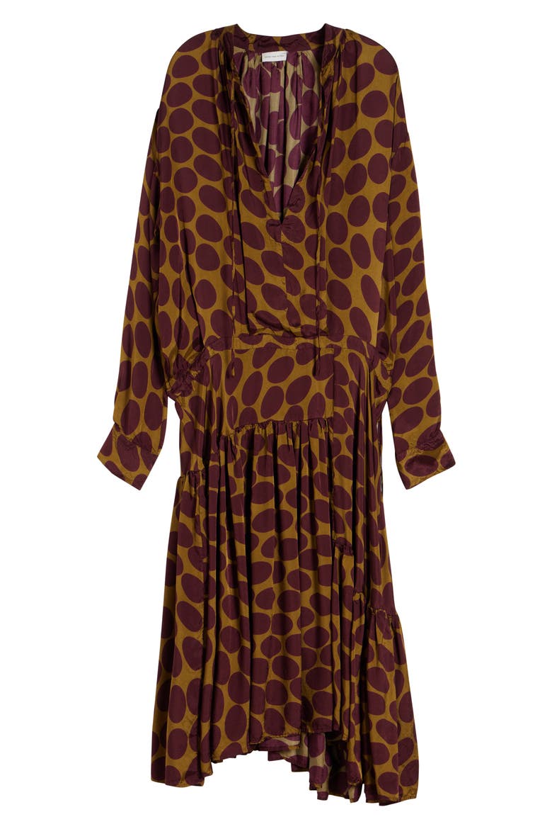 Denvo Fountain of Eggs Print Long Sleeve Twill Midi Dress, Alternate, color, CAMEL