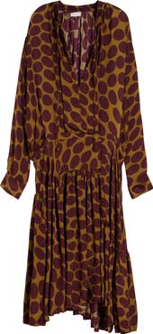 Dries Van Noten Denvo Fountain of Eggs Print Long Sleeve Twill Midi Dress