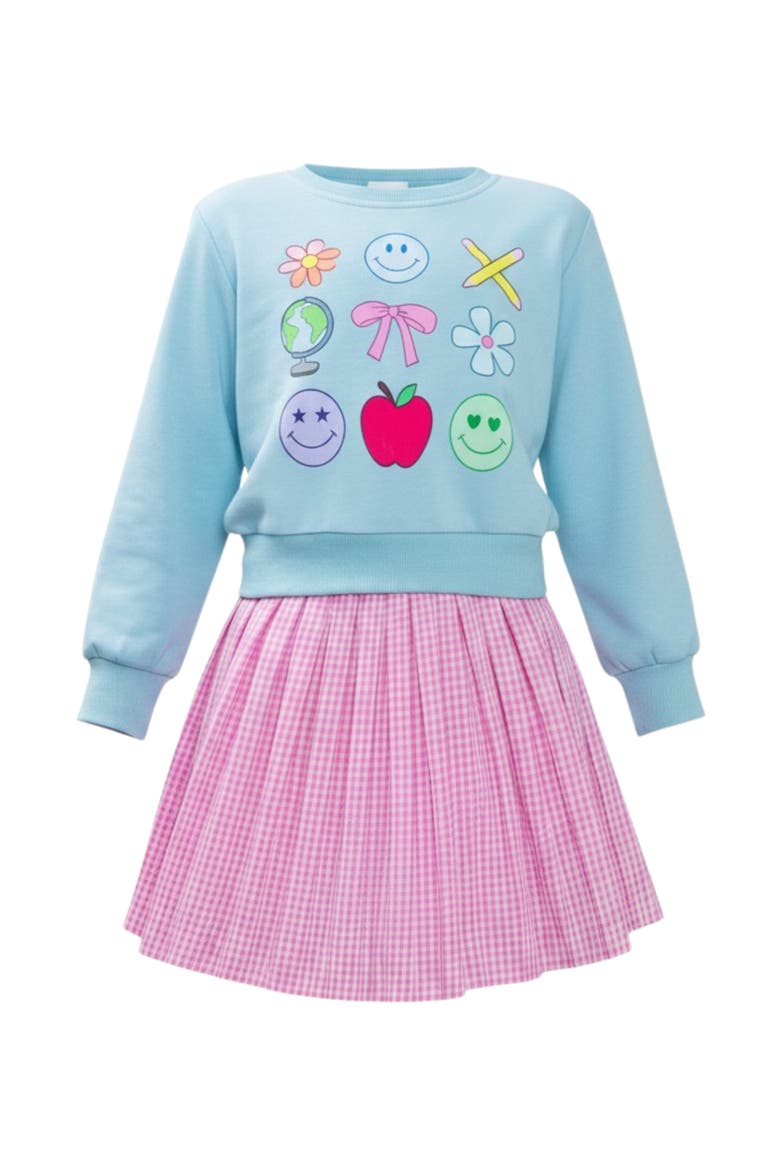 Happy School Days Sweatshirt and Gingham Skirt Set, Main, color, Blue