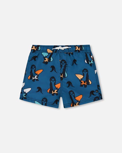 Little Boy's Printed Swim Trunks Orange Sloths On Navy Blue