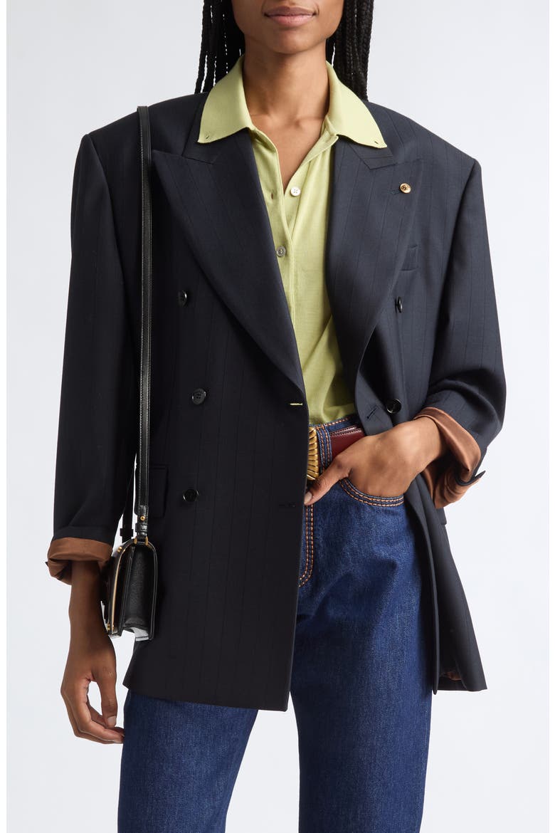 Pinstripe Double Breasted Virgin Wool Blazer, Main, color, DARK NAVY BLACK