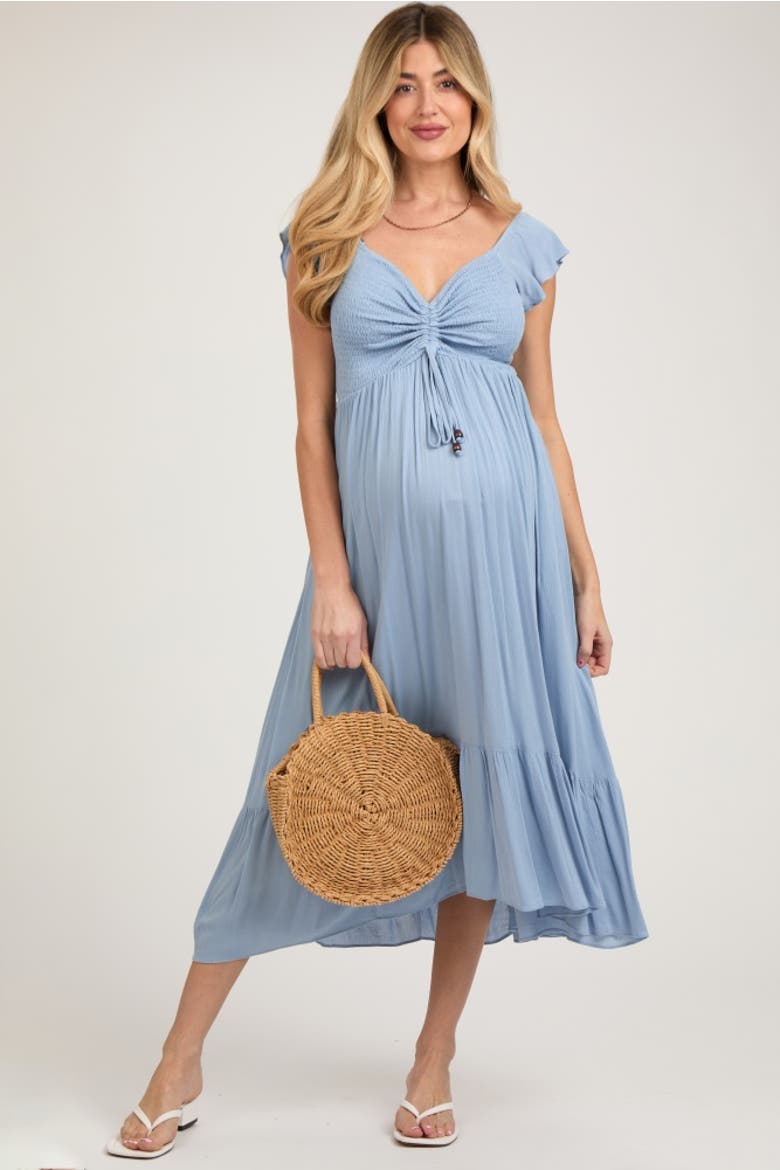 Smocked Ruched Ruffle Hem Maxi Dress, Main, color, Light Blue