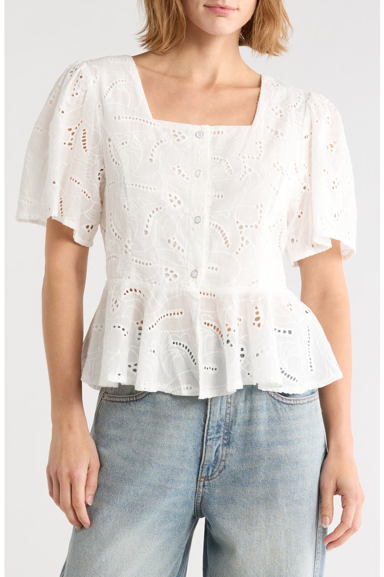 Double Ruffle Eyelet Cotton Shirt, Main, color, WHITE