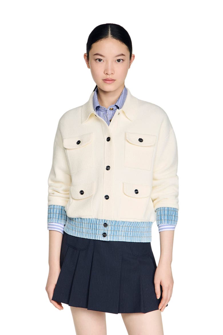 Cardigan with denim details, Main, color, Ecru