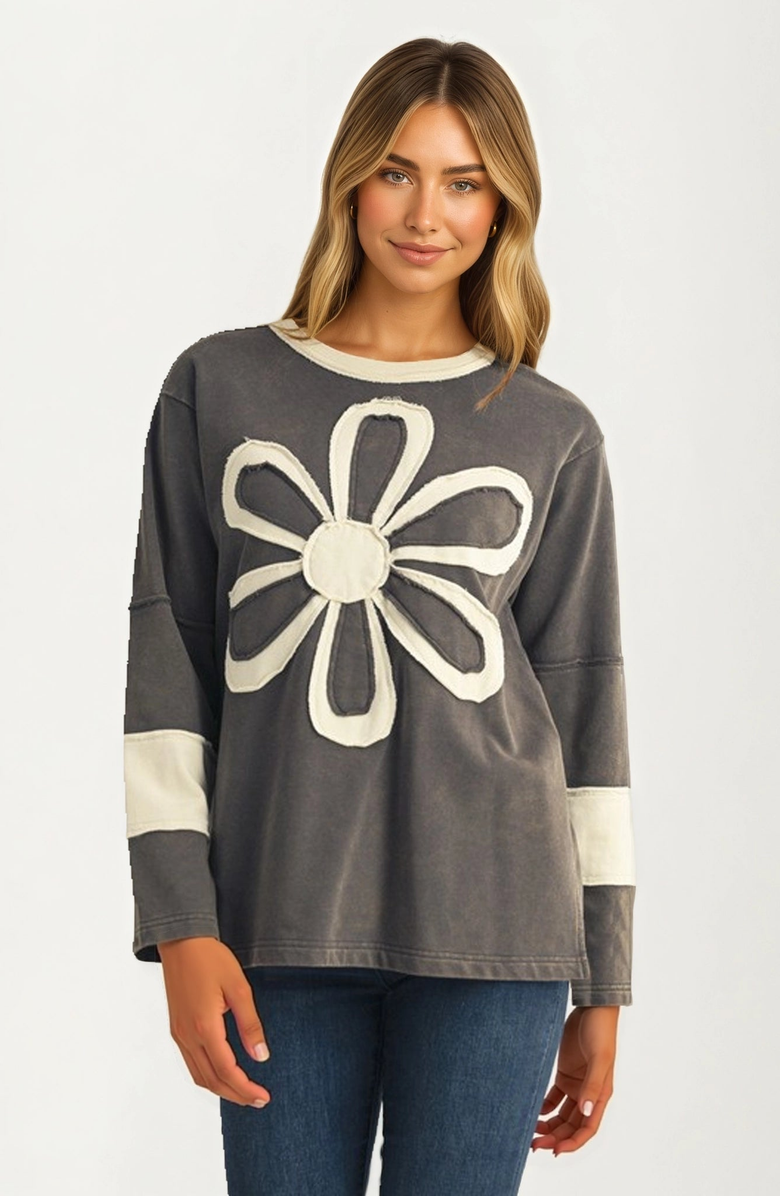 Knit and Lounge Bold Floral Applique Long Sleeve Relaxed Fit Top, Main, color, Gray With Floral Applique