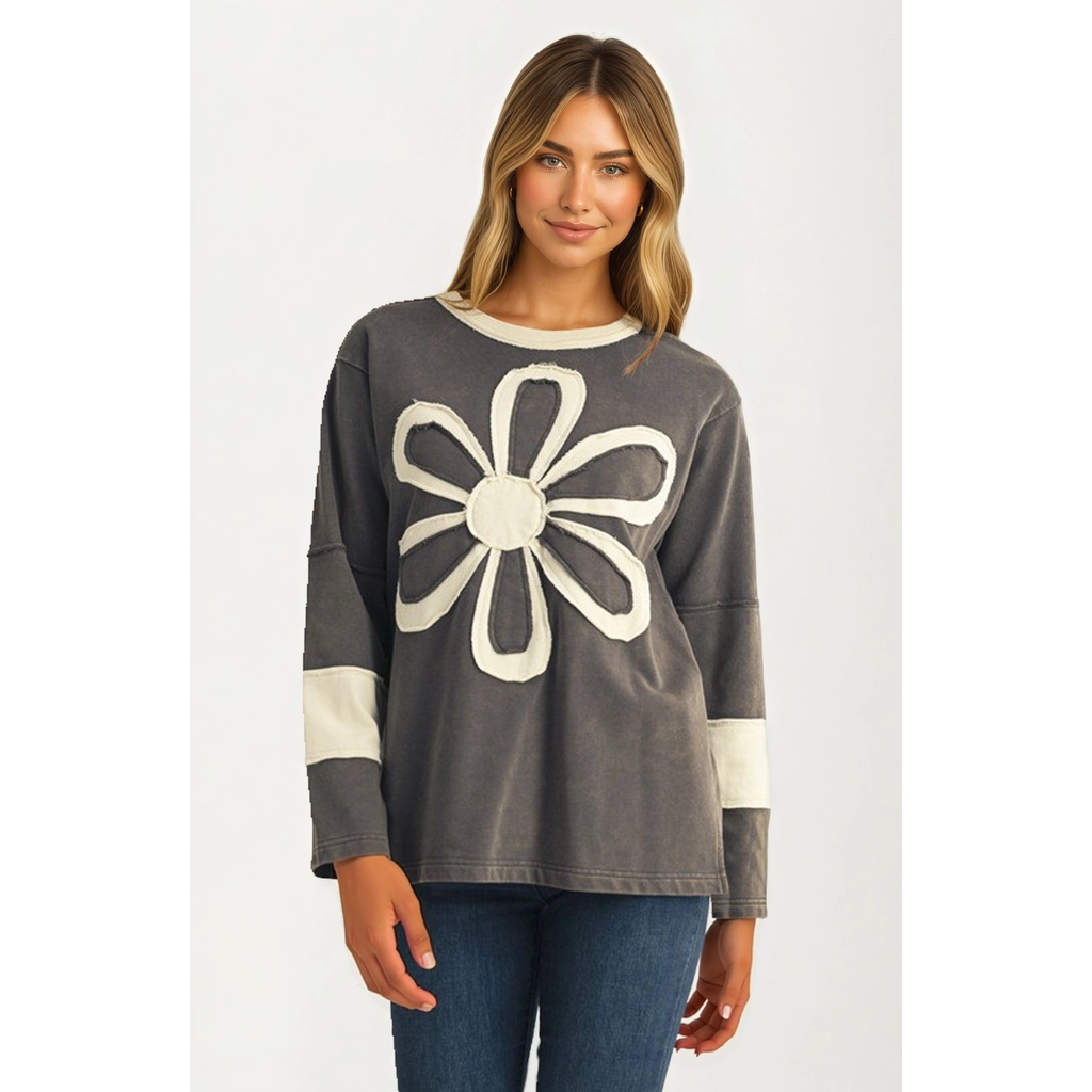Knit and Lounge Bold Floral Applique Long Sleeve Relaxed Fit Top in Gray With Floral Applique  product